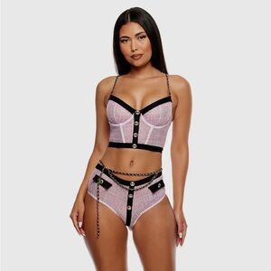 Classy Pink and Black Chain Lingerie 3pc Set